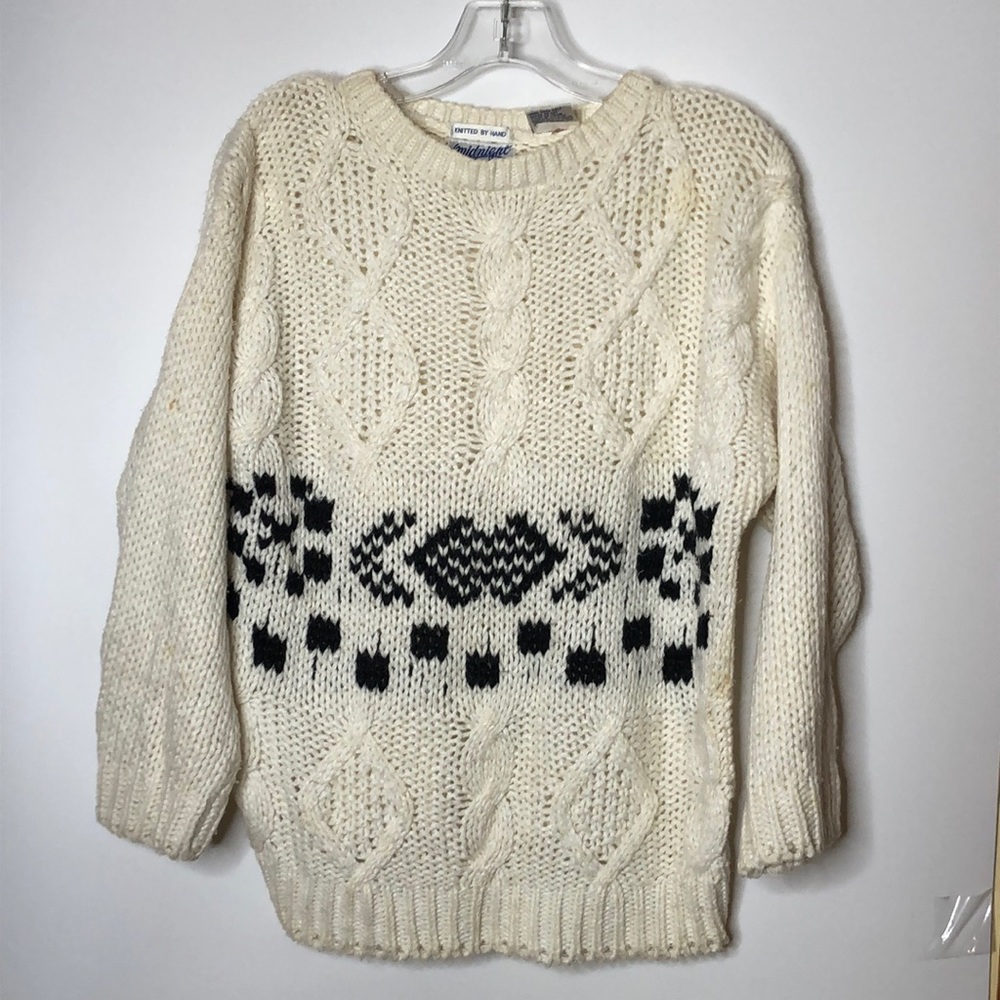 Midnight Blues Women's Sweater Black White Handmade Knitted Sweater Size L LARGE